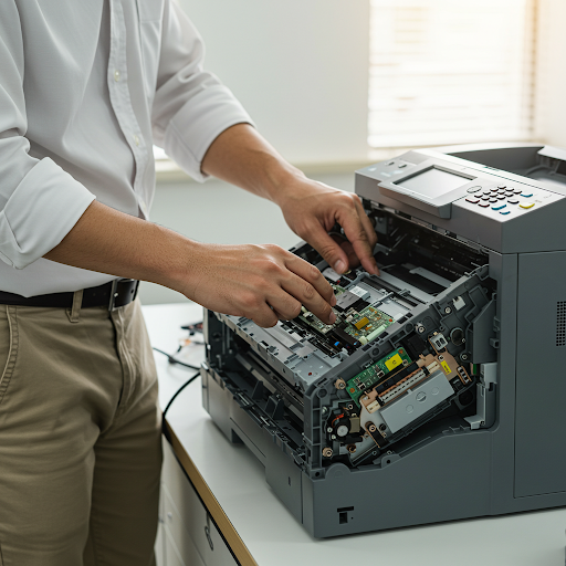 Printer Tech fixing laser printer AI Generated image via Google Gemini and Imagen 2