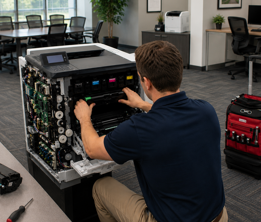 Dallas Texas Printer repair technician fixking HP laser printer in office in dfw.  Printer fix and repair